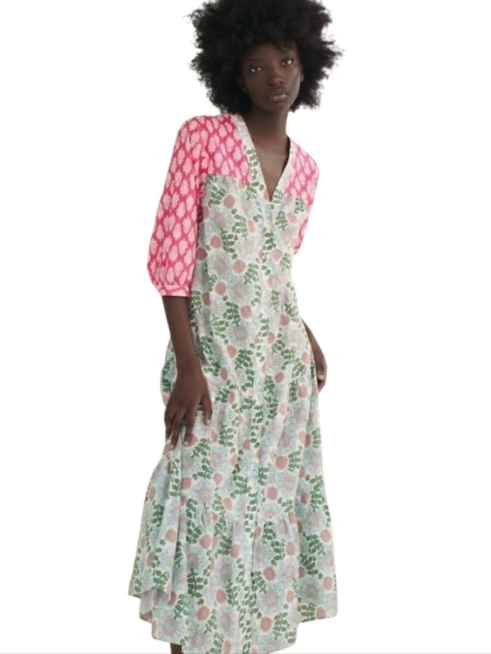 Zara 'Paloma' 100% Cotton Color Block Floral Boho Peasant Midi Dress. Size Small